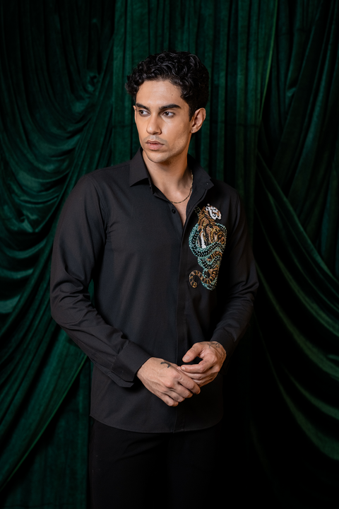 Regal — Black Hand Embroidered Premium 4-Way Stretch Shirt