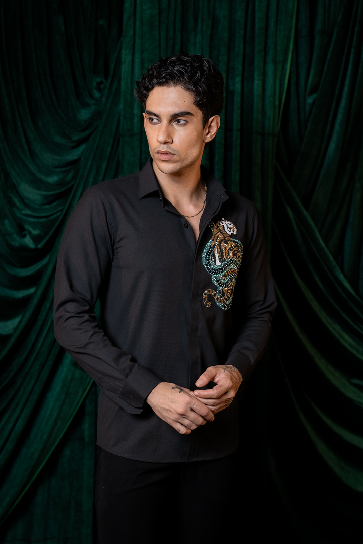 Regal — Black Hand Embroidered Premium 4-Way Stretch Shirt