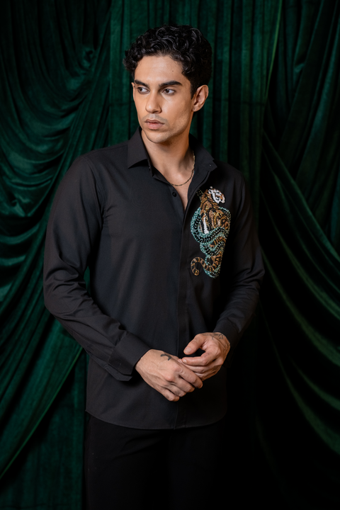 Regal — Black Hand Embroidered Premium 4-Way Stretch Shirt