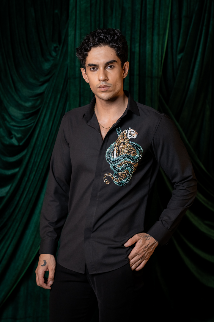 Regal — Black Hand Embroidered Premium 4-Way Stretch Shirt
