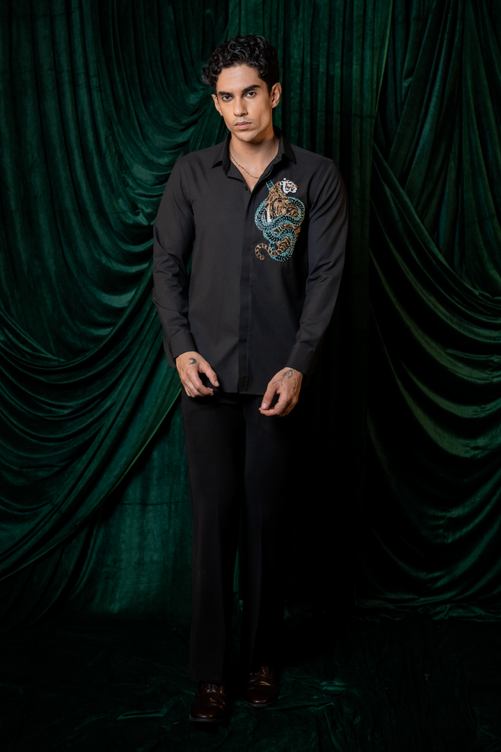 Regal — Black Hand Embroidered Premium 4-Way Stretch Shirt