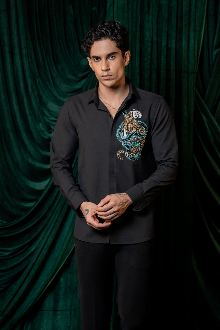 Regal — Black Hand Embroidered Premium 4-Way Stretch Shirt