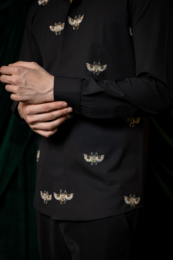 Skyhawk — Black Hand Embroidered 4-Way Stretch Shirt