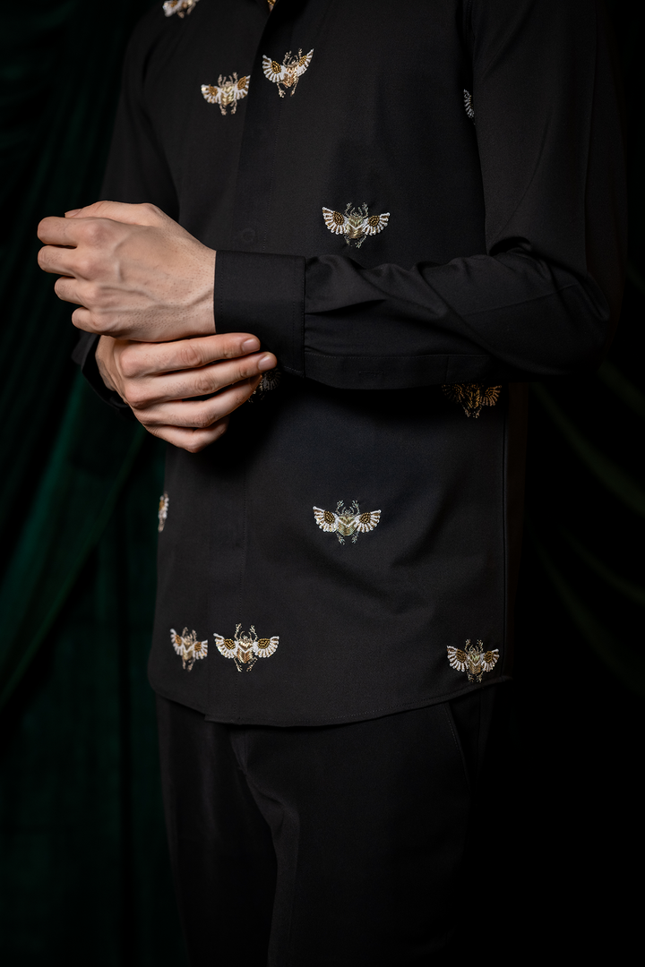 Flyer — Black Hand Embroidered 4-Way Stretch Shirt