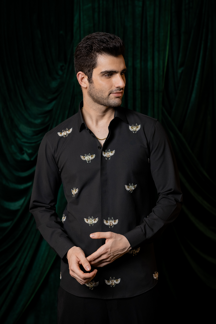 Flyer — Black Hand Embroidered 4-Way Stretch Shirt