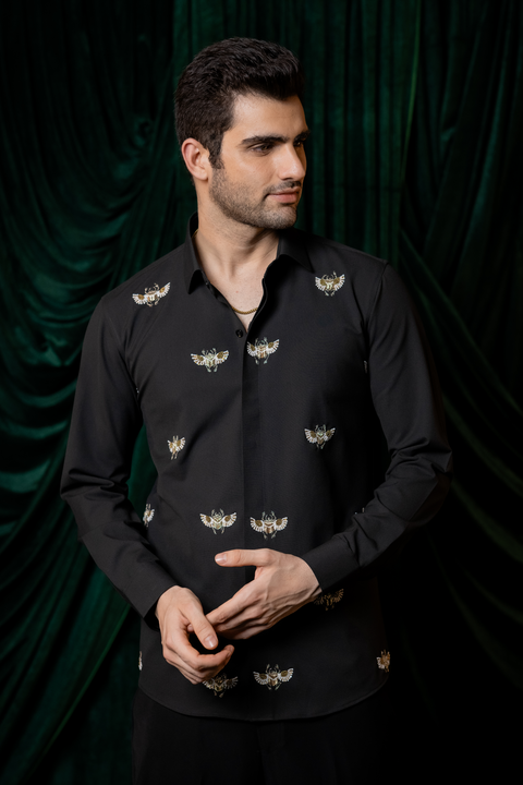 Skyhawk — Black Hand Embroidered 4-Way Stretch Shirt