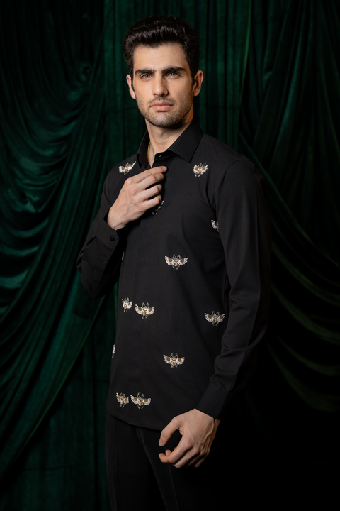 Skyhawk — Black Hand Embroidered 4-Way Stretch Shirt