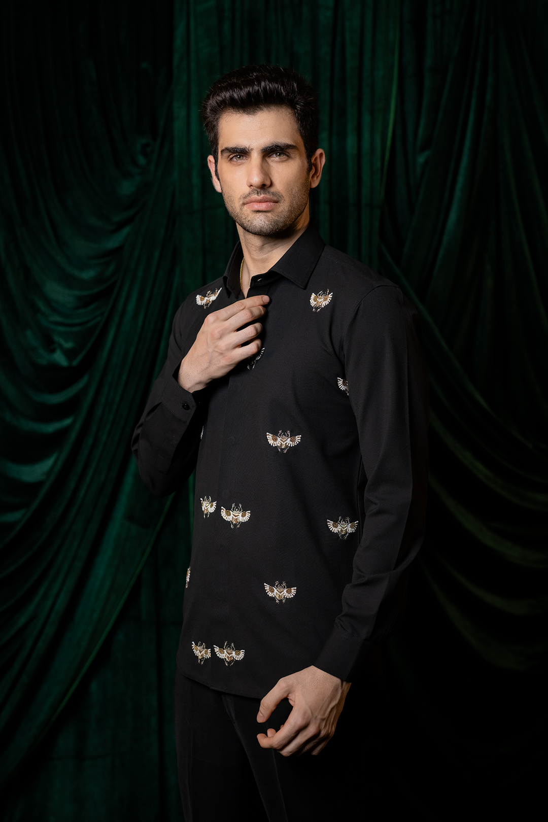 Flyer — Black Hand Embroidered 4-Way Stretch Shirt