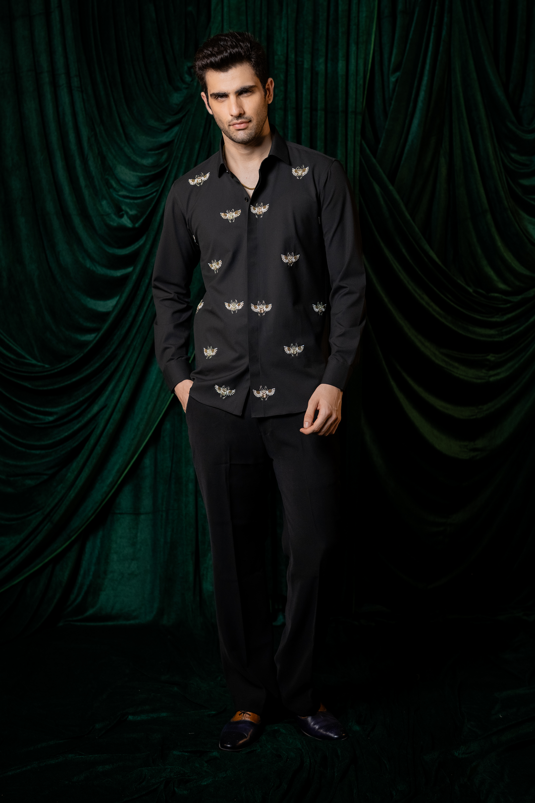 Skyhawk — Black Hand Embroidered 4-Way Stretch Shirt
