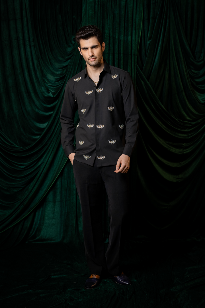 Flyer — Black Hand Embroidered 4-Way Stretch Shirt