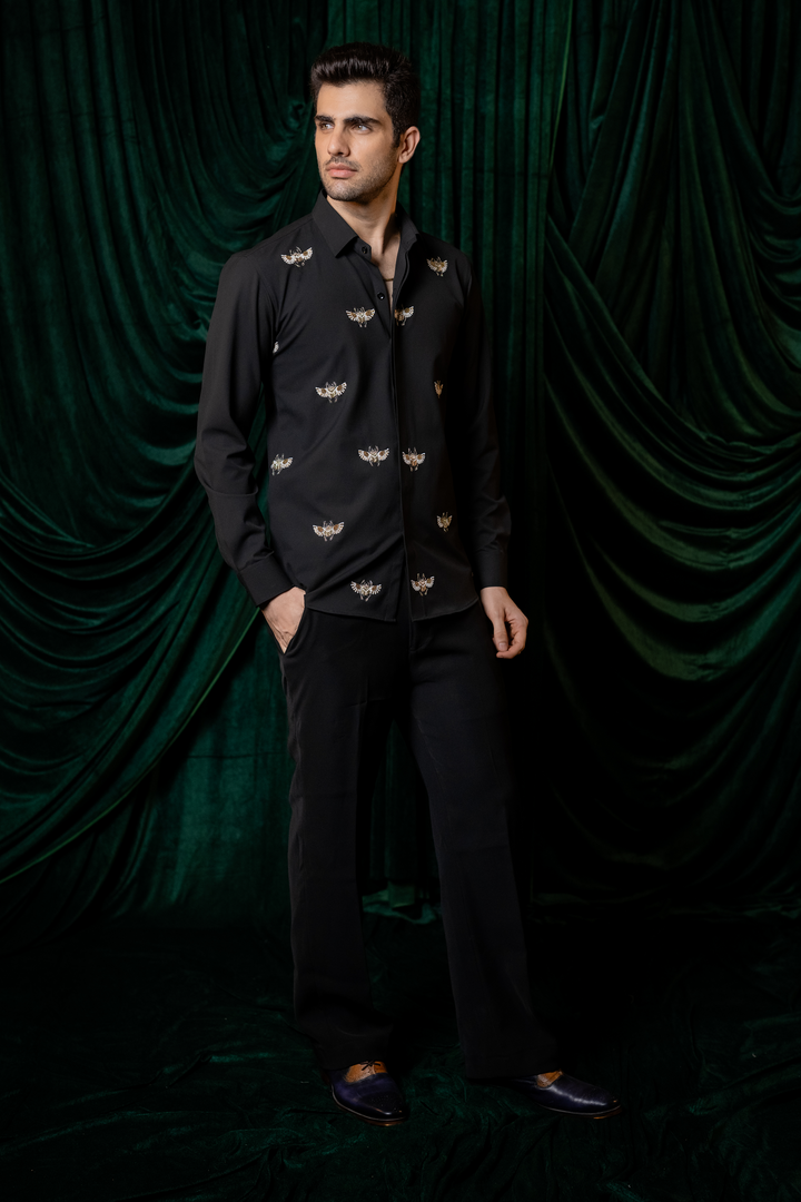 Skyhawk — Black Hand Embroidered 4-Way Stretch Shirt