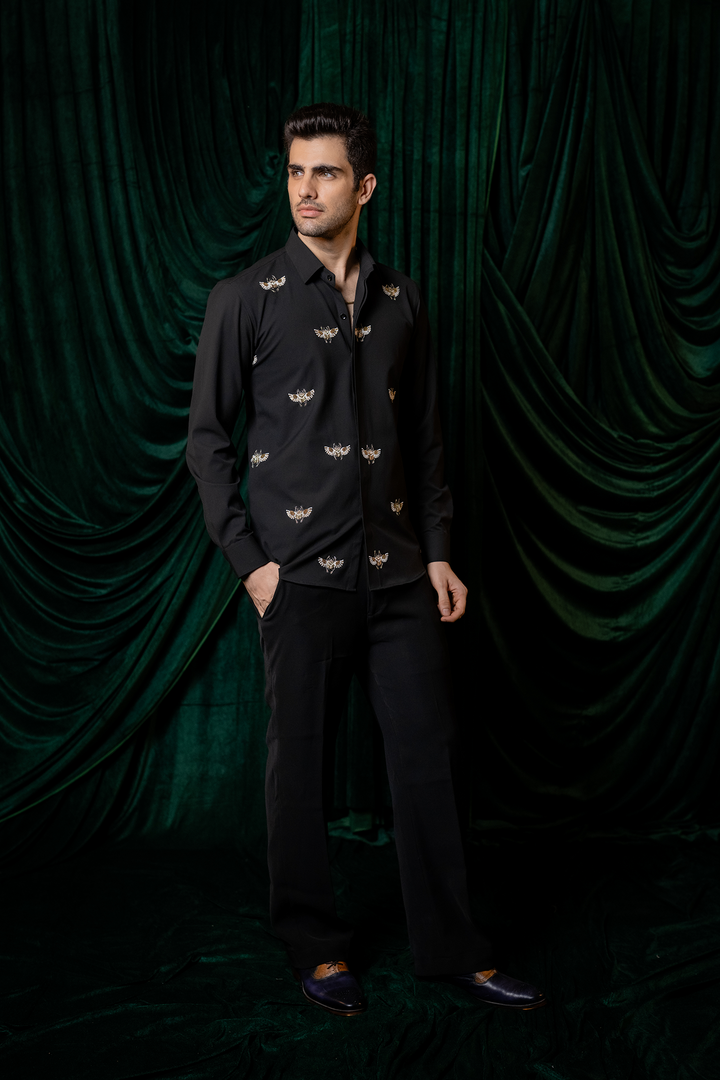 Flyer — Black Hand Embroidered 4-Way Stretch Shirt