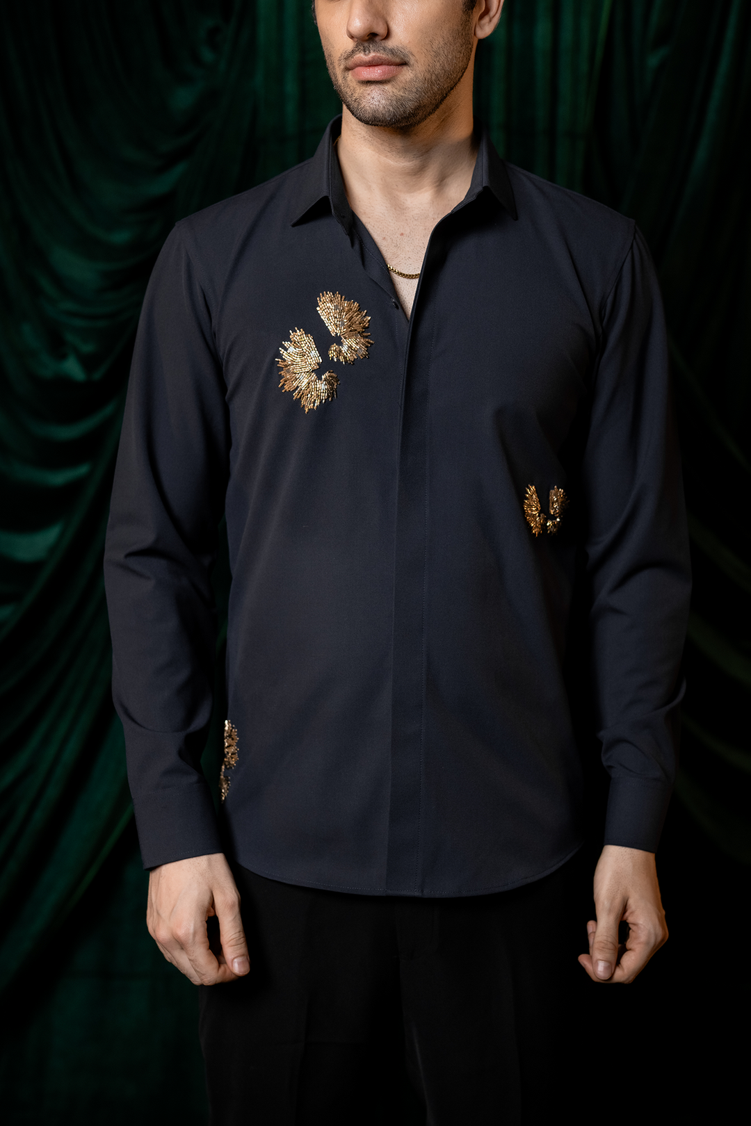Embers — Navy Gold Burst Embroidered 4-Way Stretch Shirt