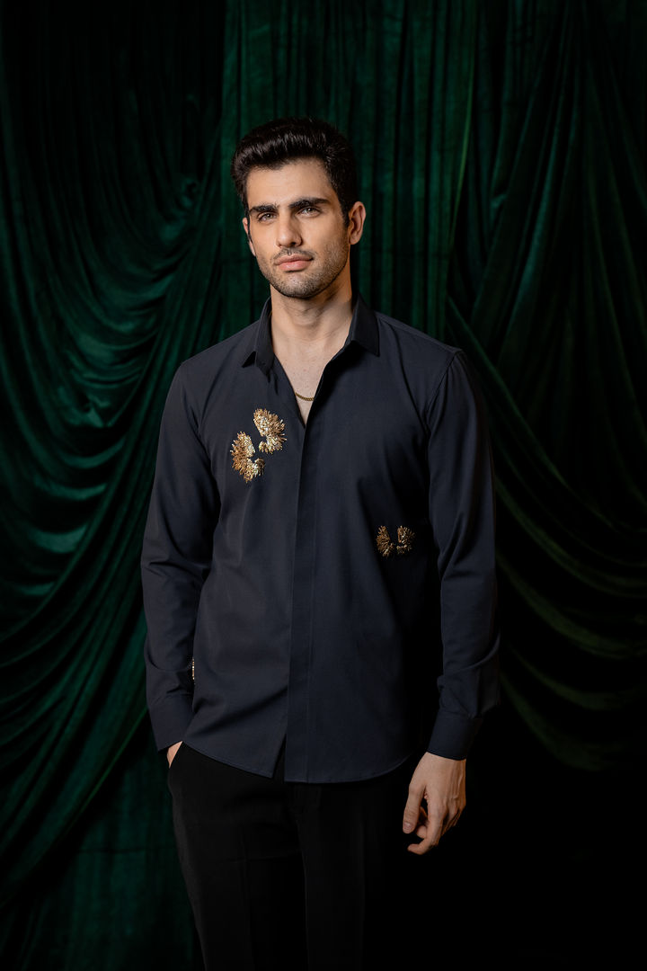 Embers — Navy Gold Burst Embroidered 4-Way Stretch Shirt