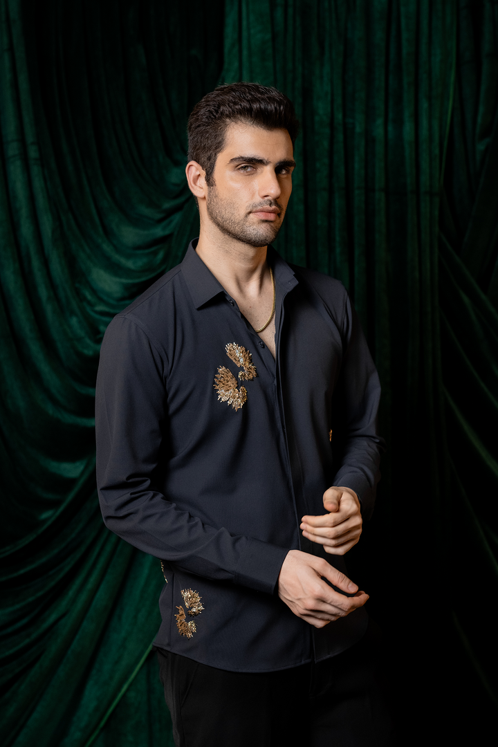 Embers — Navy Gold Burst Embroidered 4-Way Stretch Shirt