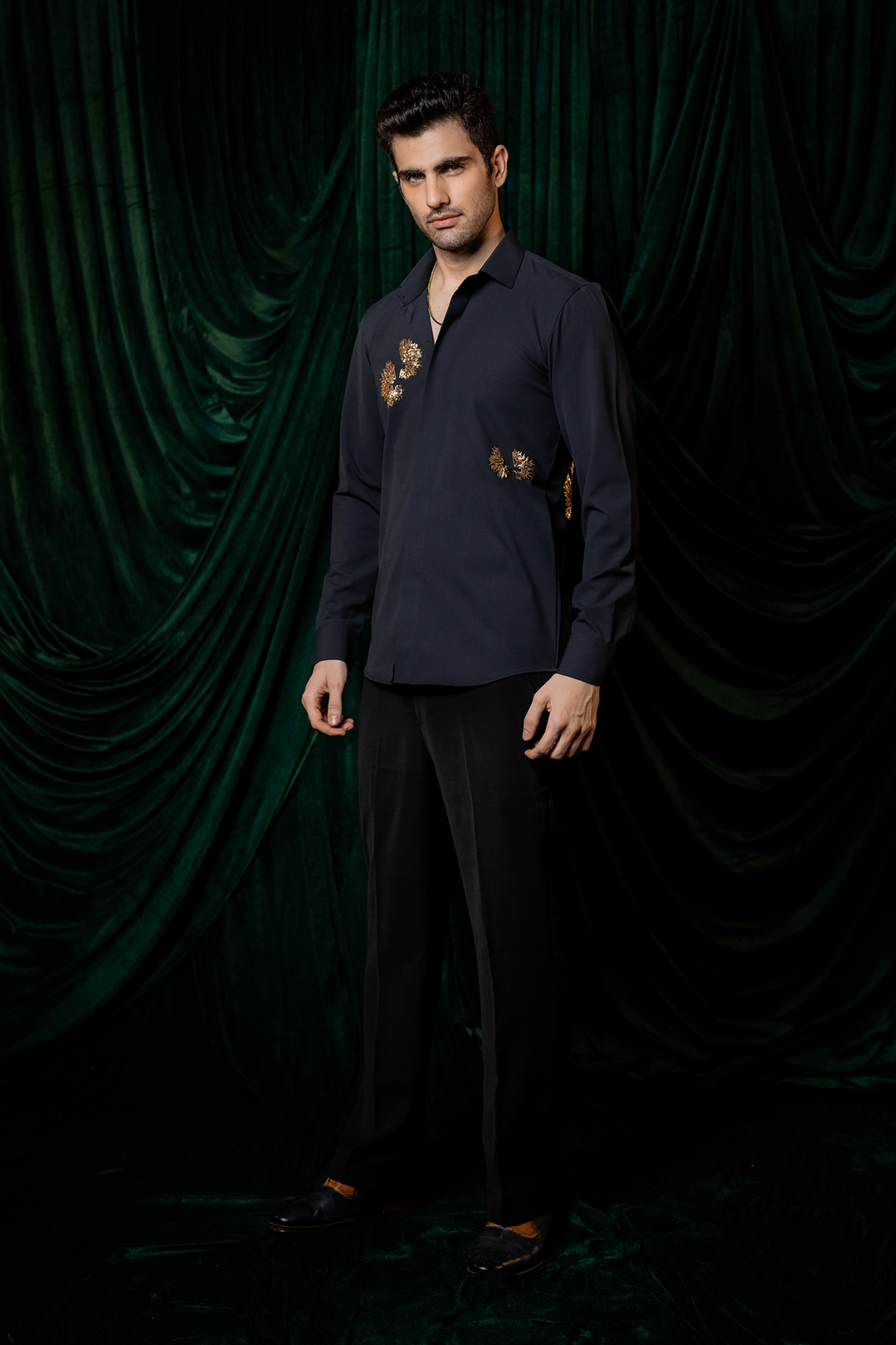 Embers — Navy Gold Burst Embroidered 4-Way Stretch Shirt