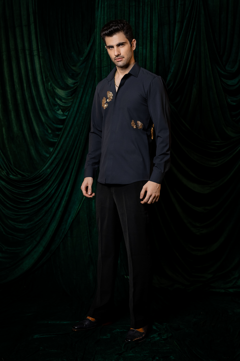 Embers — Navy Gold Burst Embroidered 4-Way Stretch Shirt