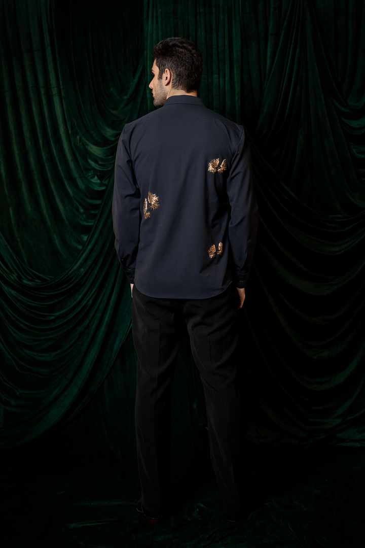 Embers — Navy Gold Burst Embroidered 4-Way Stretch Shirt