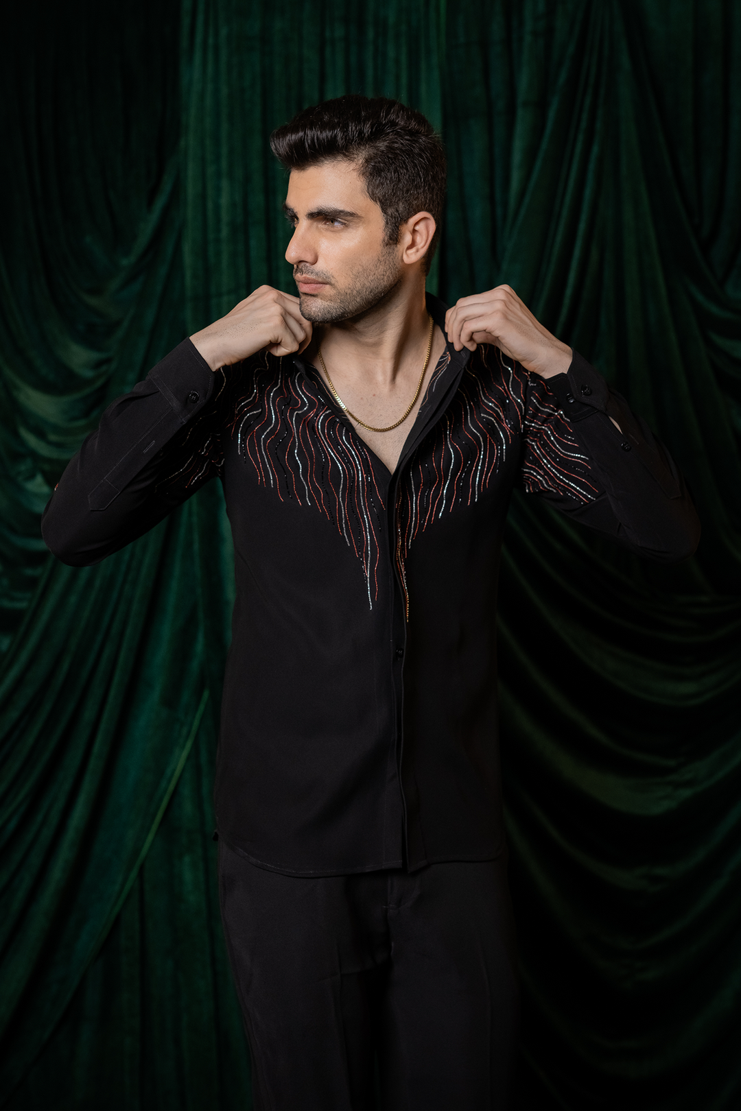 Waveform — Black Hand Embroidered Armani Fabric Shirt