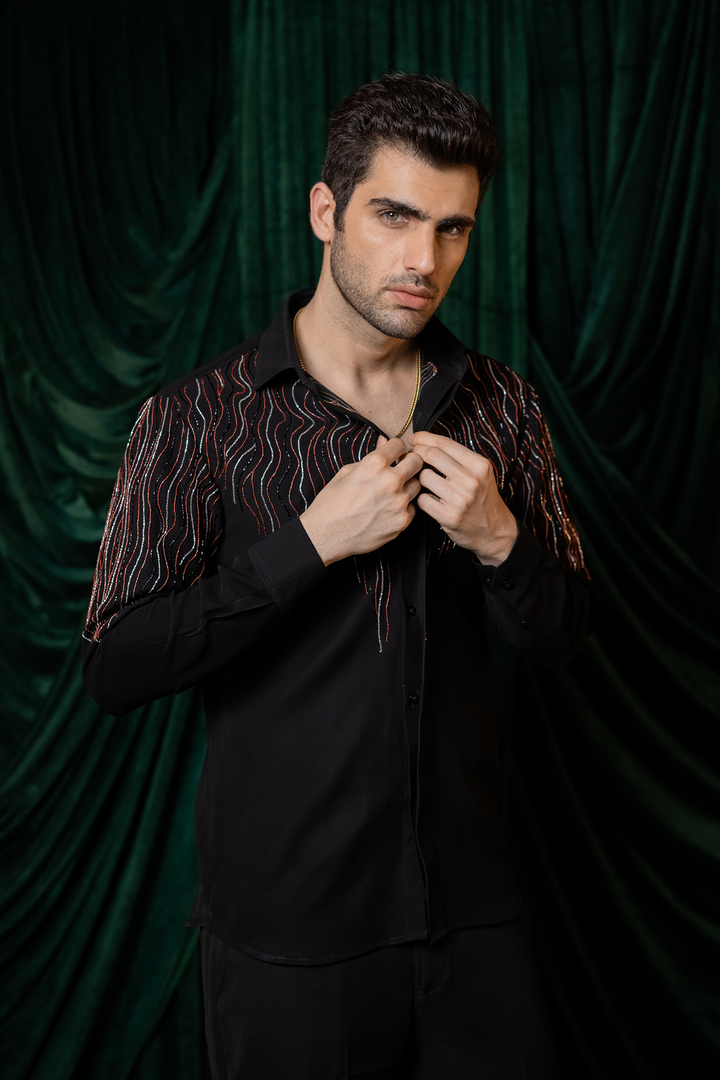 Waveform — Black Hand Embroidered Armani Fabric Shirt