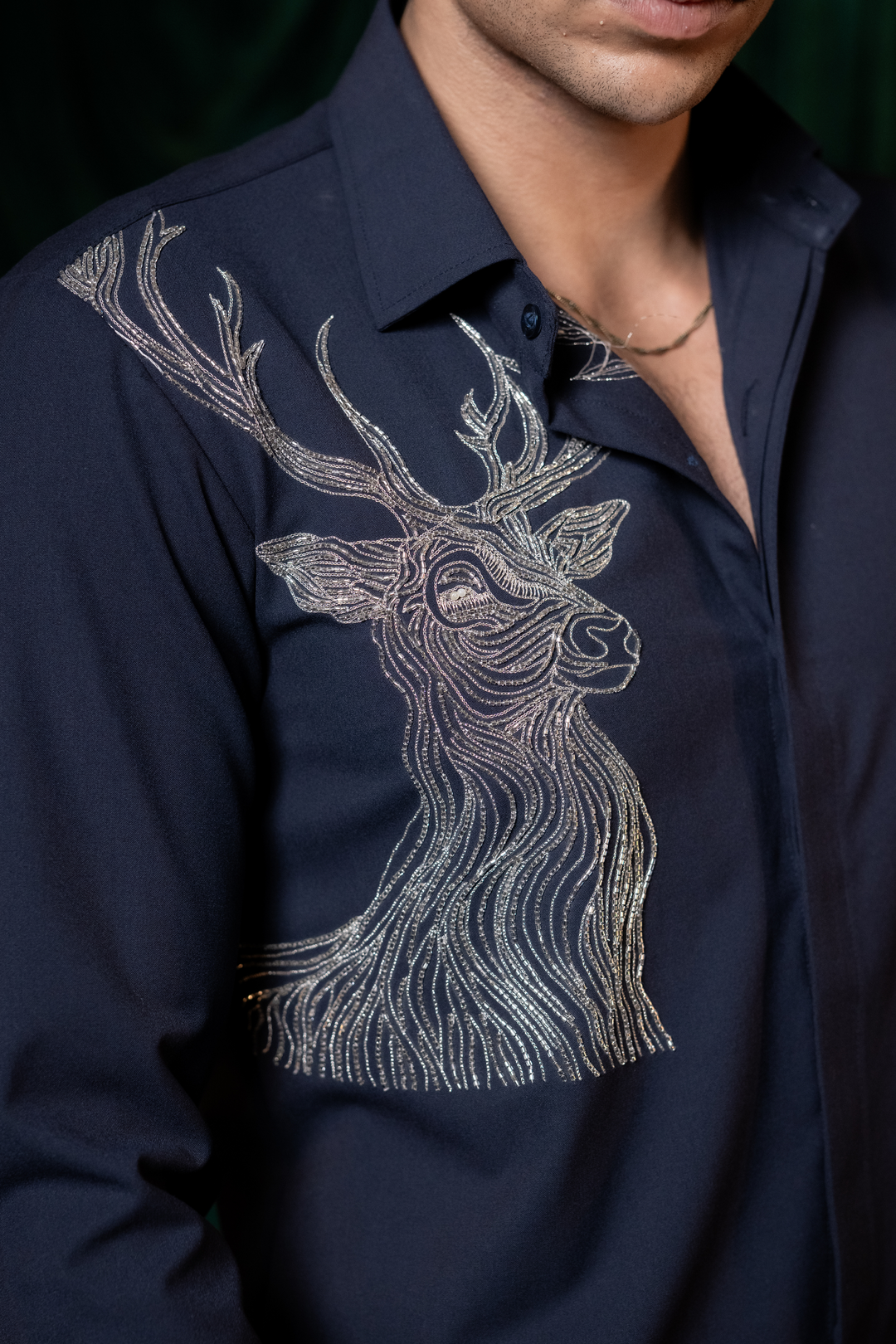 Stag — Midnight Blue Hand Embroidered 4-Way Stretch Shirt