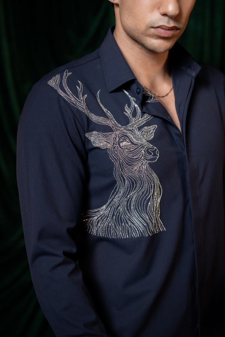 Stag — Midnight Blue Hand Embroidered 4-Way Stretch Shirt