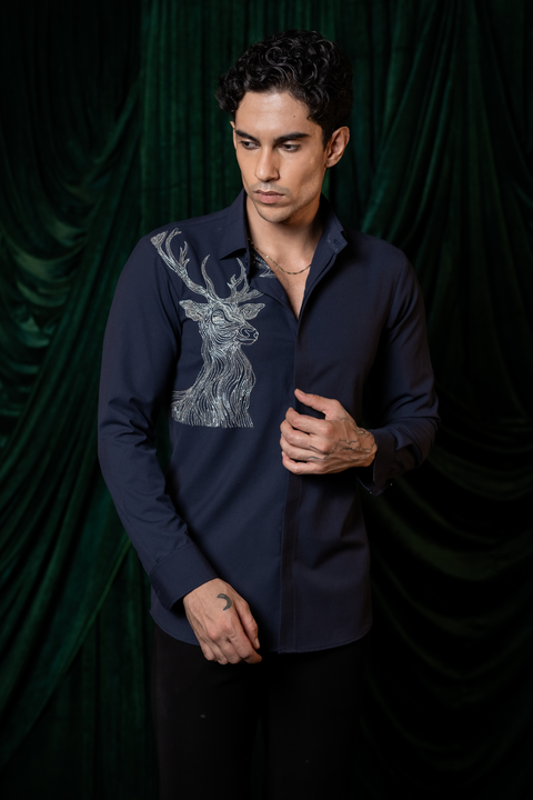 Stag — Midnight Blue Hand Embroidered 4-Way Stretch Shirt