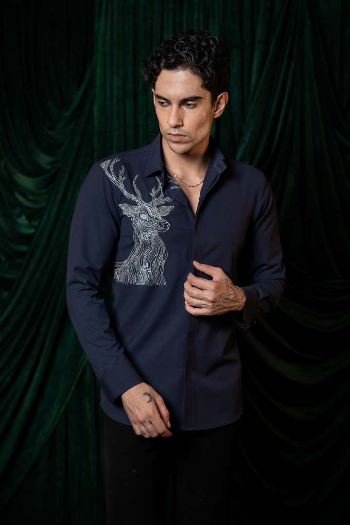 Stag — Midnight Blue Hand Embroidered 4-Way Stretch Shirt
