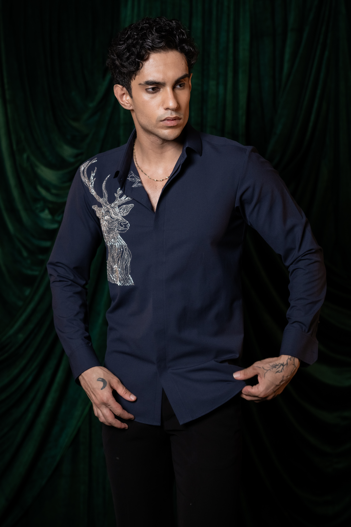 Stag — Midnight Blue Hand Embroidered 4-Way Stretch Shirt