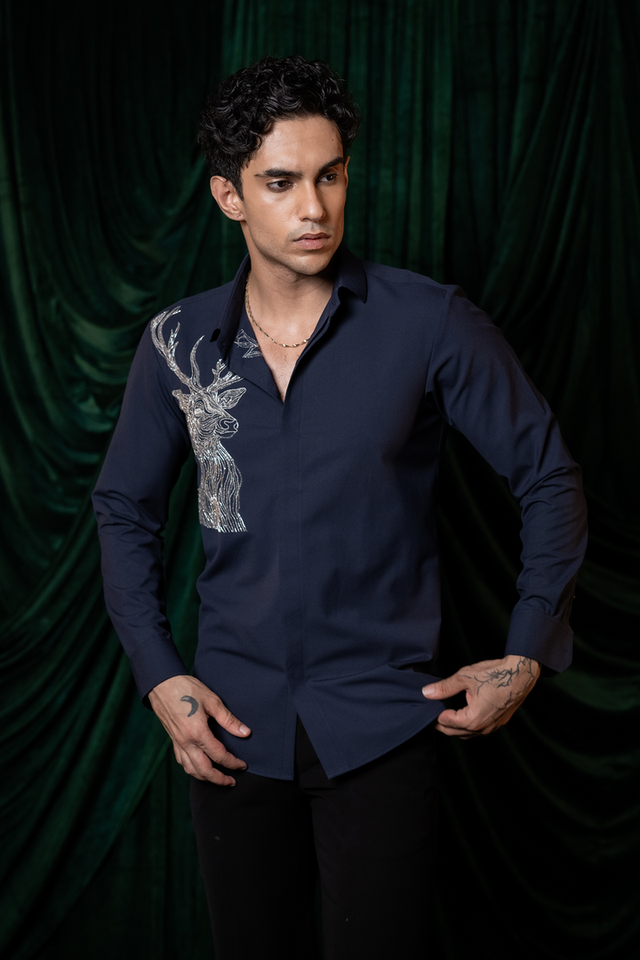 Stag — Midnight Blue Hand Embroidered 4-Way Stretch Shirt