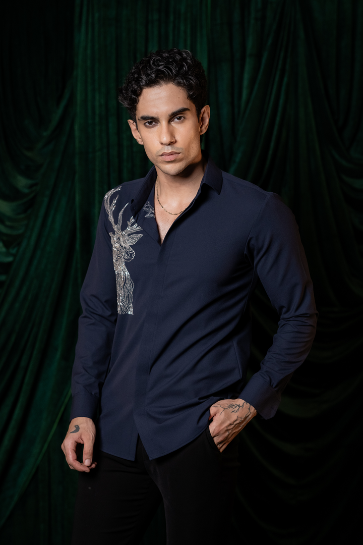 Stag — Midnight Blue Hand Embroidered 4-Way Stretch Shirt