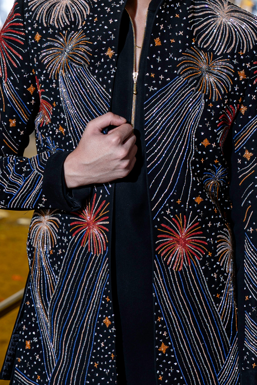 Fireveil — Black Hand Embroidered Armani Fabric Sherwani Set