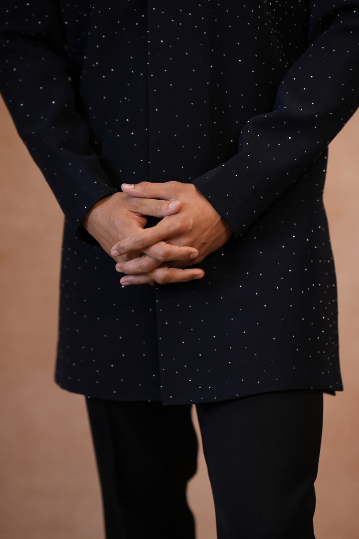 Timir — Black Hand Zardozi, Bead &amp; Sequin Embroidered British Sherwani