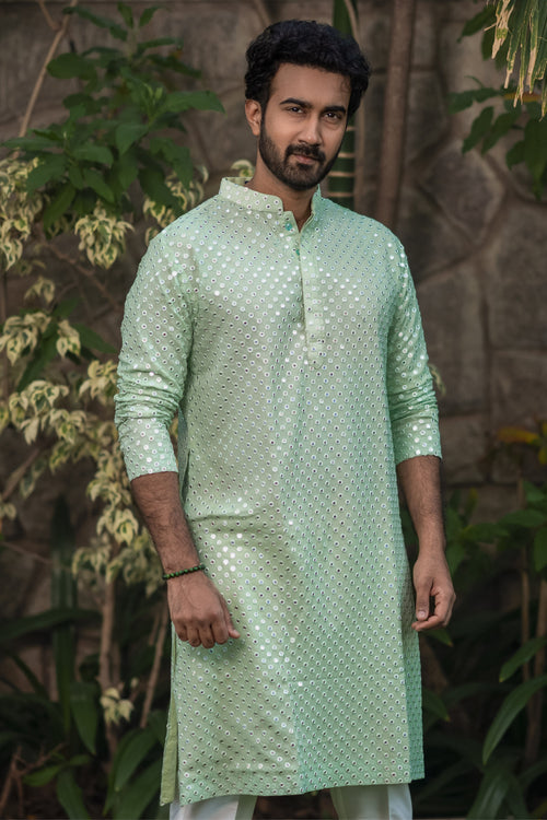 Pista Green Mirror — Pista Hand Mirror Work Georgette Kurta