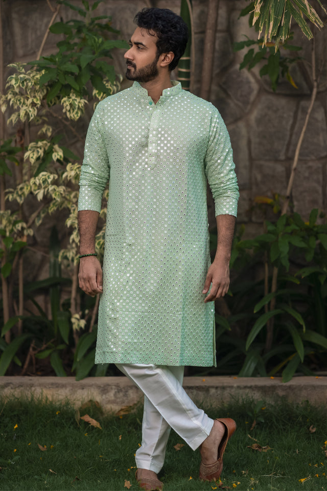 Pista Green Mirror — Pista Hand Mirror Work Georgette Kurta