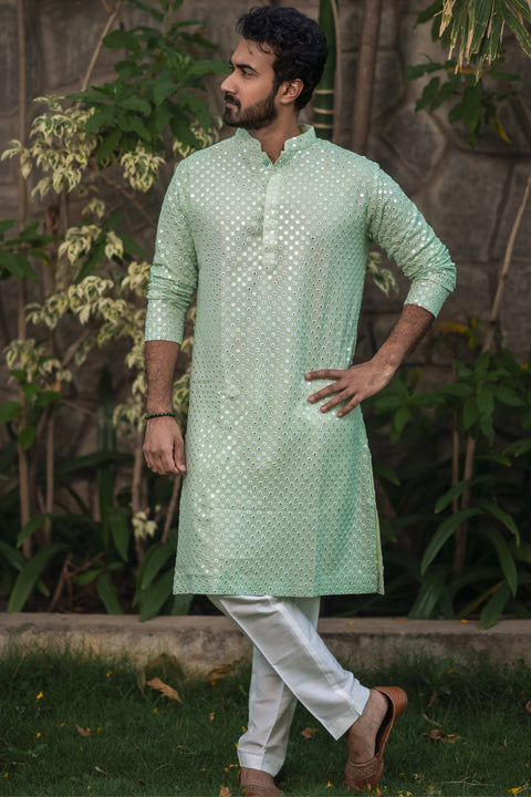 Pista Green Mirror — Pista Hand Mirror Work Georgette Kurta