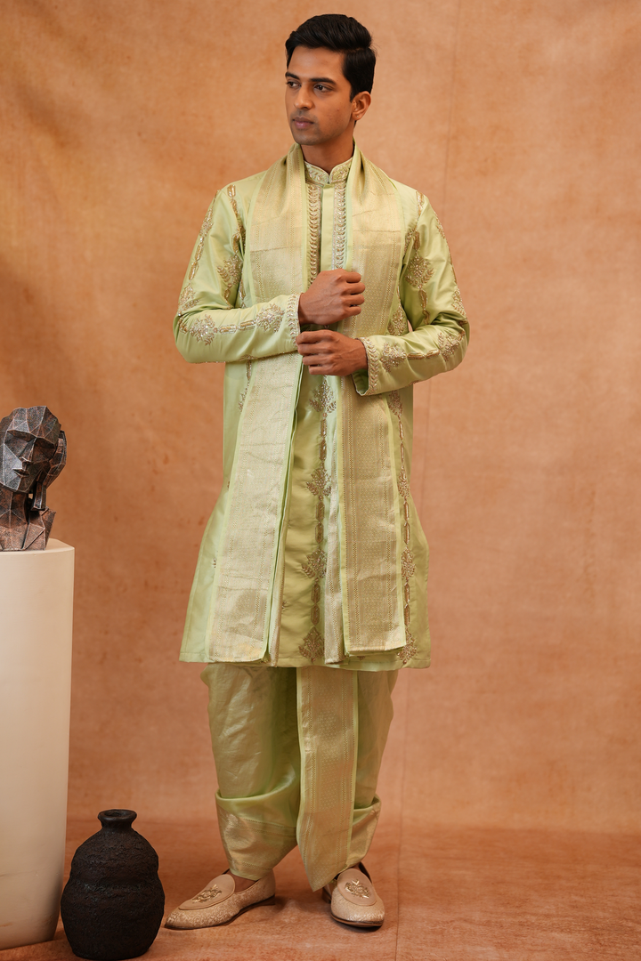 Marakata — Sage Green Hand Zari Embroidered Semi Pattu Kurta + Chiniya Pattu Dhoti &amp; Kanduva Set