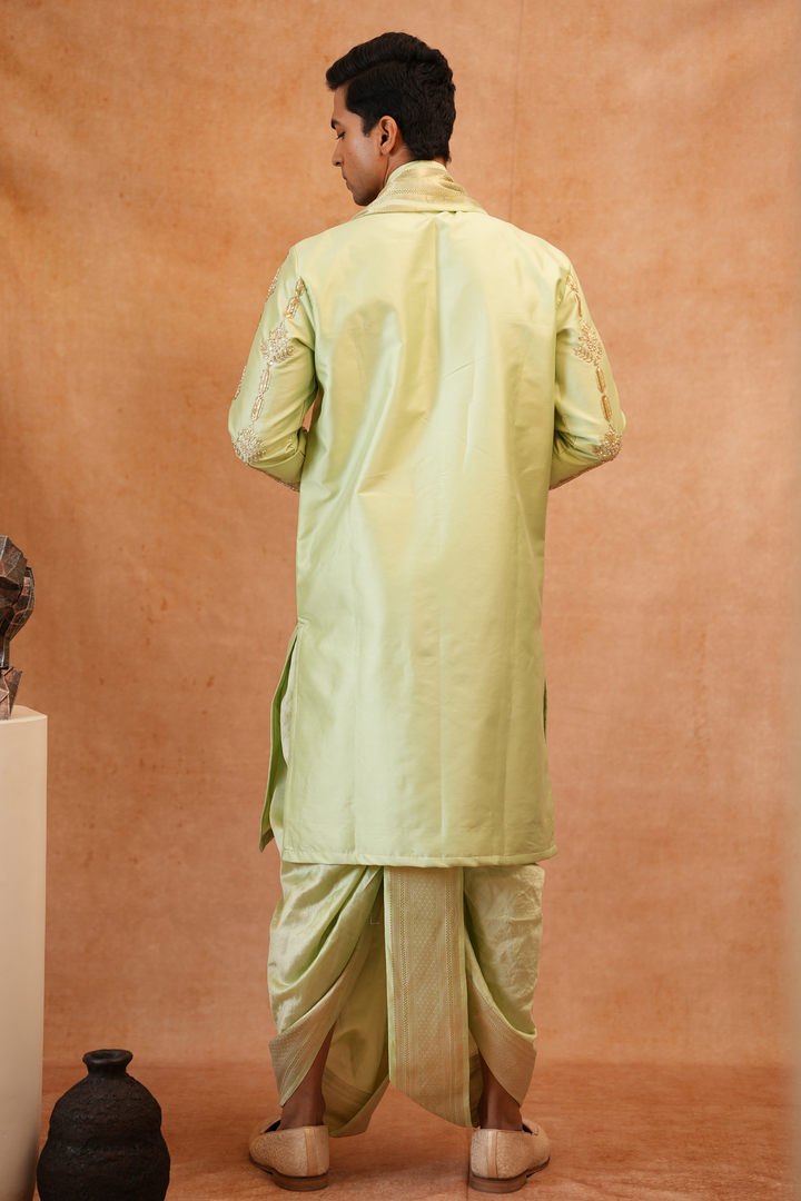 Marakata — Sage Green Hand Zari Embroidered Semi Pattu Kurta + Chiniya Pattu Dhoti &amp; Kanduva Set