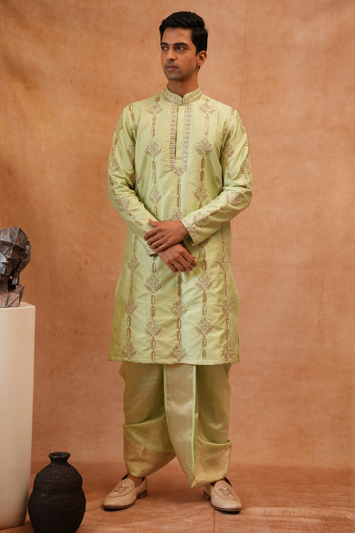 Marakata — Sage Green Hand Zari Embroidered Semi Pattu Kurta + Chiniya Pattu Dhoti &amp; Kanduva Set