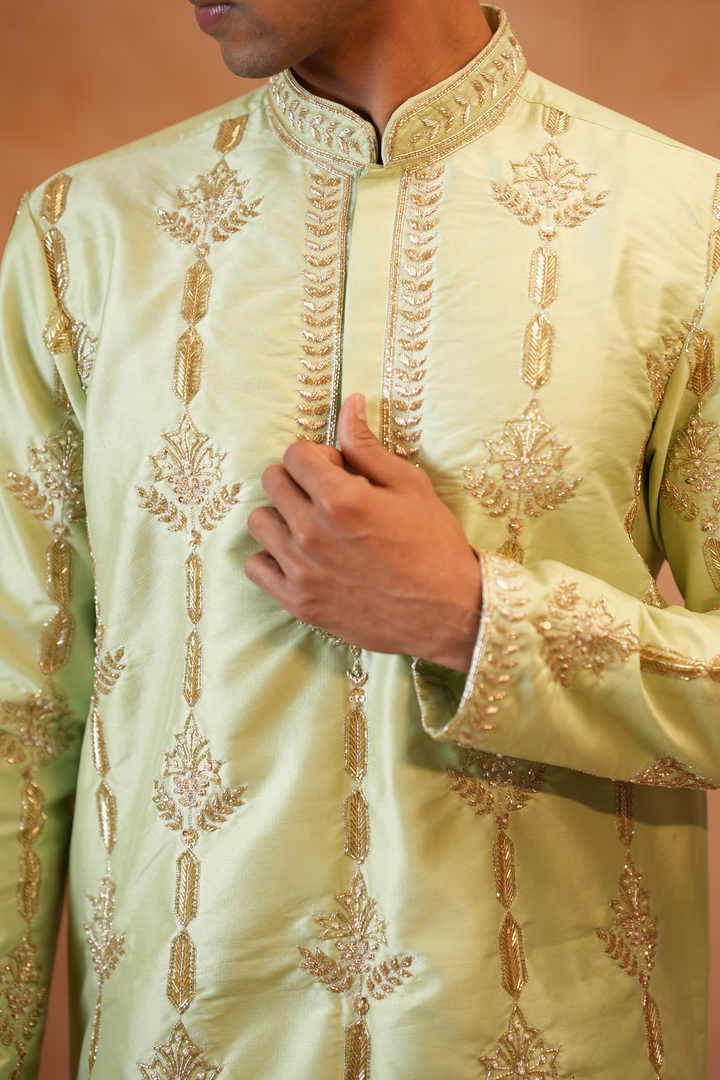 Marakata — Sage Green Hand Zari Embroidered Semi Pattu Kurta + Chiniya Pattu Dhoti &amp; Kanduva Set