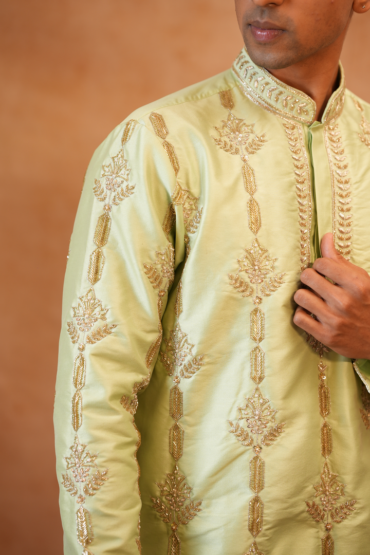 Marakata — Sage Green Hand Zari Embroidered Semi Pattu Kurta + Chiniya Pattu Dhoti &amp; Kanduva Set