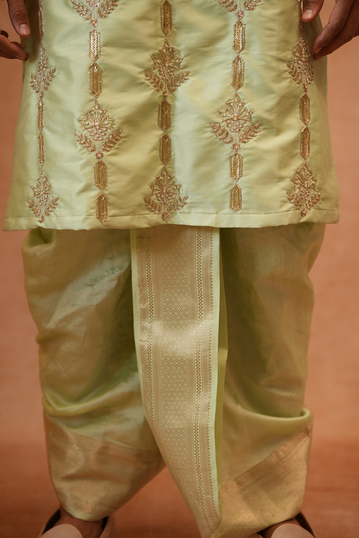 Marakata — Sage Green Hand Zari Embroidered Semi Pattu Kurta + Chiniya Pattu Dhoti &amp; Kanduva Set