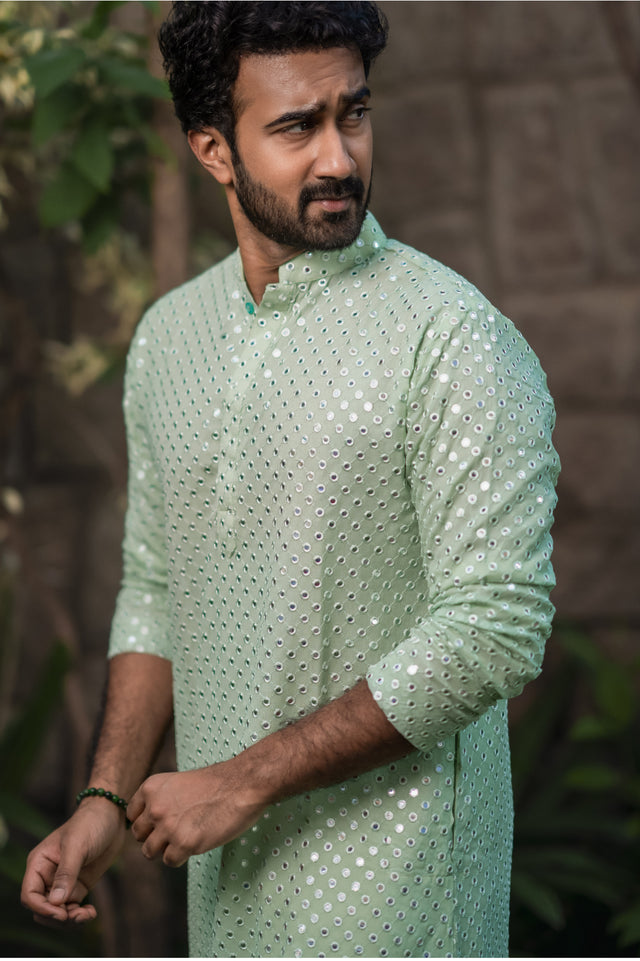 Pista Green Mirror — Pista Hand Mirror Work Georgette Kurta