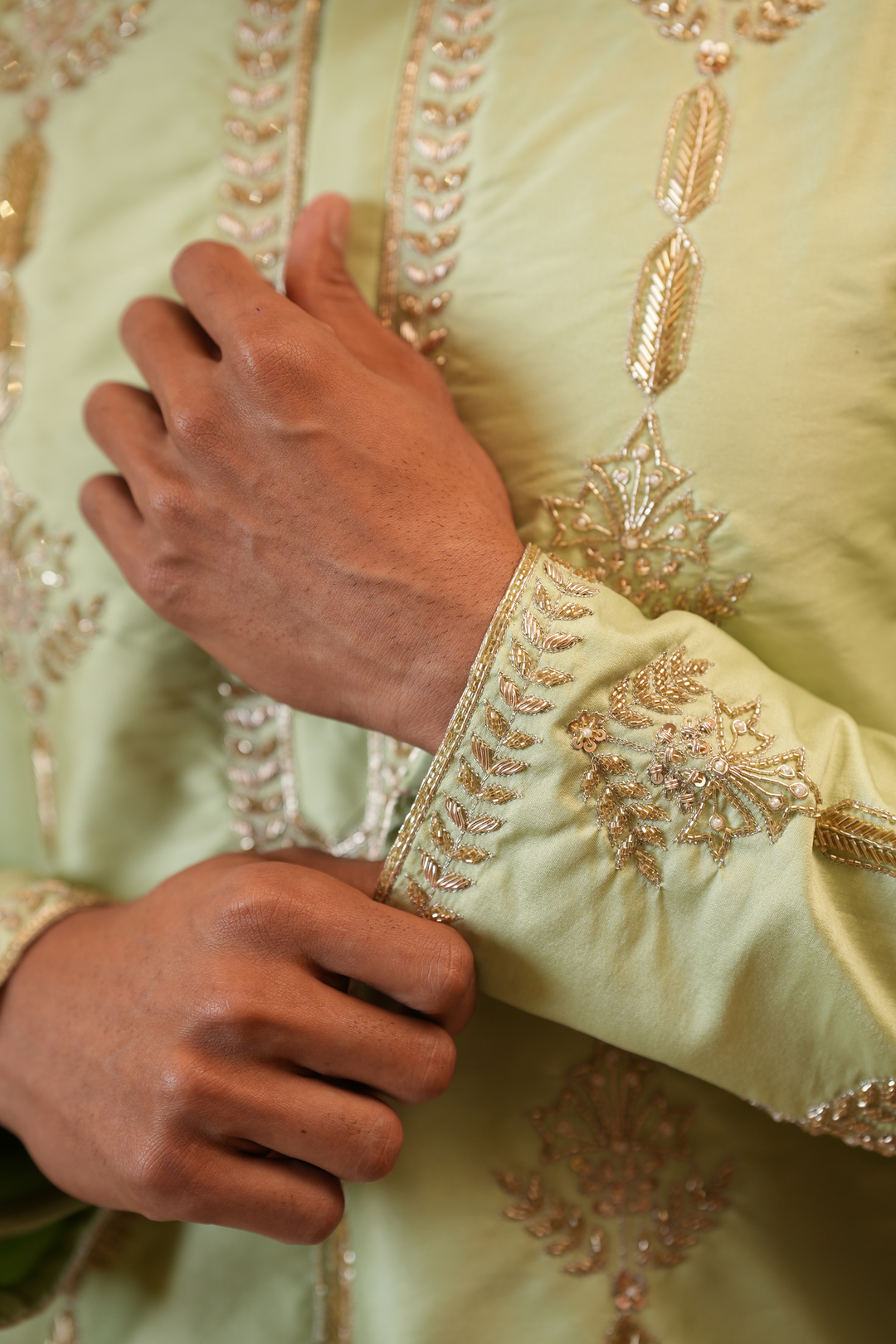 Marakata — Sage Green Hand Zari Embroidered Semi Pattu Kurta + Chiniya Pattu Dhoti &amp; Kanduva Set
