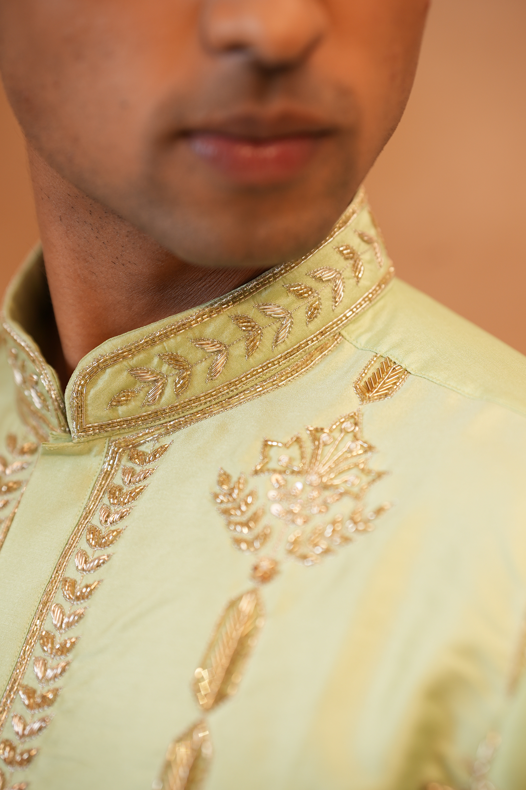 Marakata — Sage Green Hand Zari Embroidered Semi Pattu Kurta + Chiniya Pattu Dhoti &amp; Kanduva Set