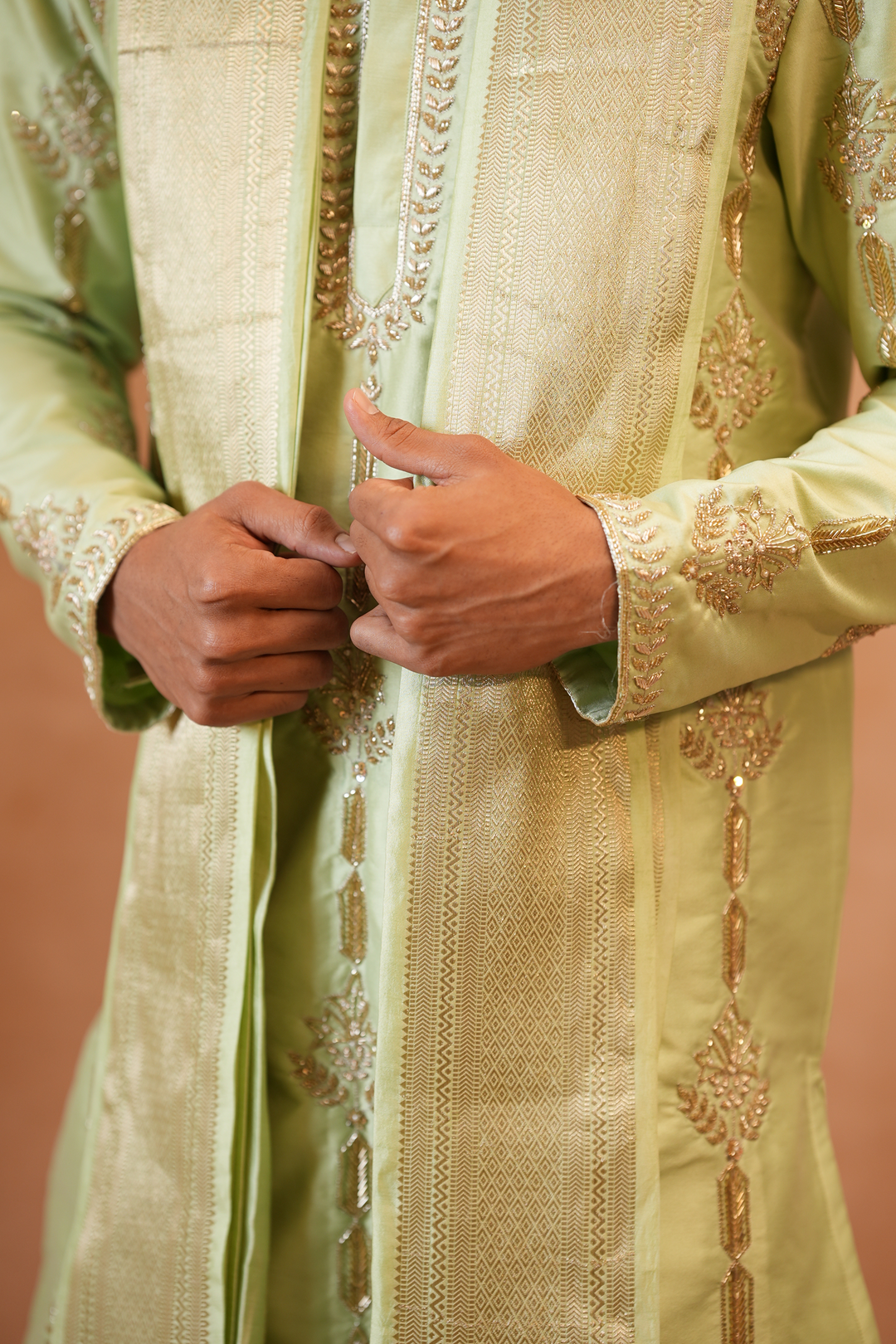 Marakata — Sage Green Hand Zari Embroidered Semi Pattu Kurta + Chiniya Pattu Dhoti &amp; Kanduva Set