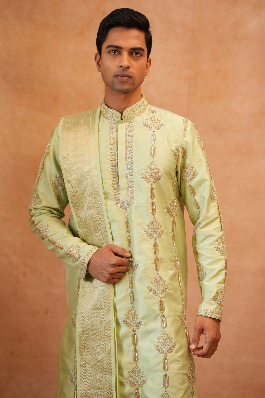 Marakata — Sage Green Hand Zari Embroidered Semi Pattu Kurta + Chiniya Pattu Dhoti &amp; Kanduva Set