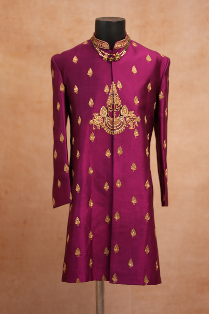 Perumal — Deep Purple Perumal Hand Zardozi Embroidered Dupion Silk Sherwani