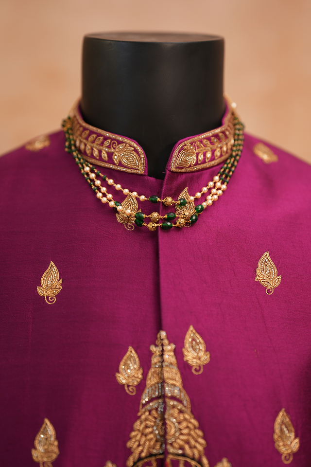 Perumal — Deep Purple Perumal Hand Zardozi Embroidered Dupion Silk Sherwani