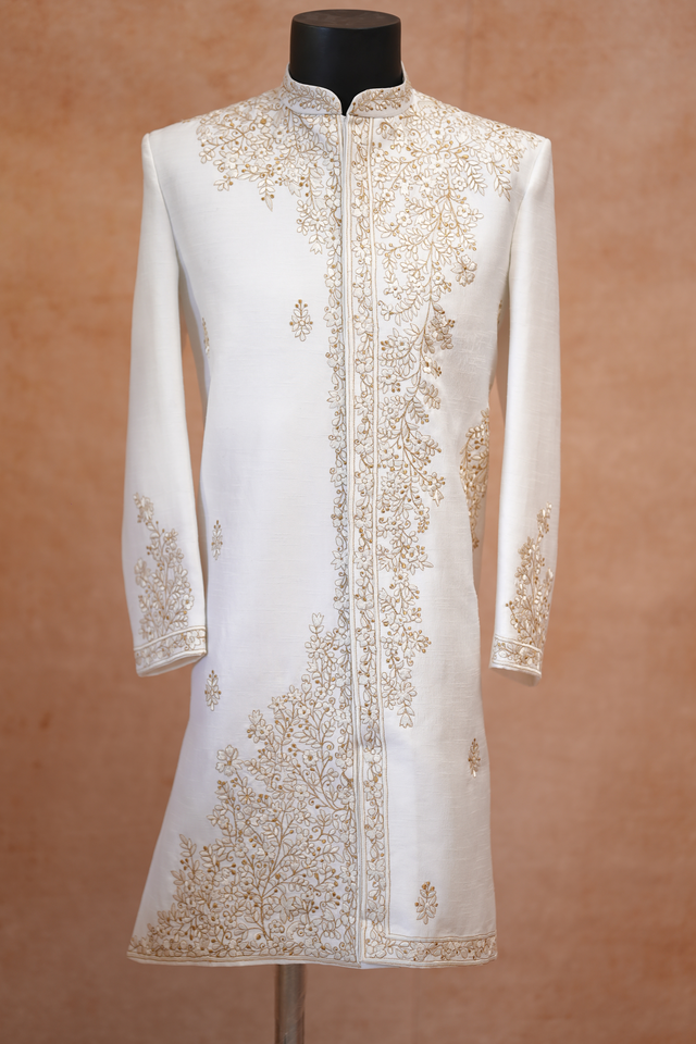 Latika — White Tonal Floral Vine Thread Embroidered Falling Raw Silk Sherwani